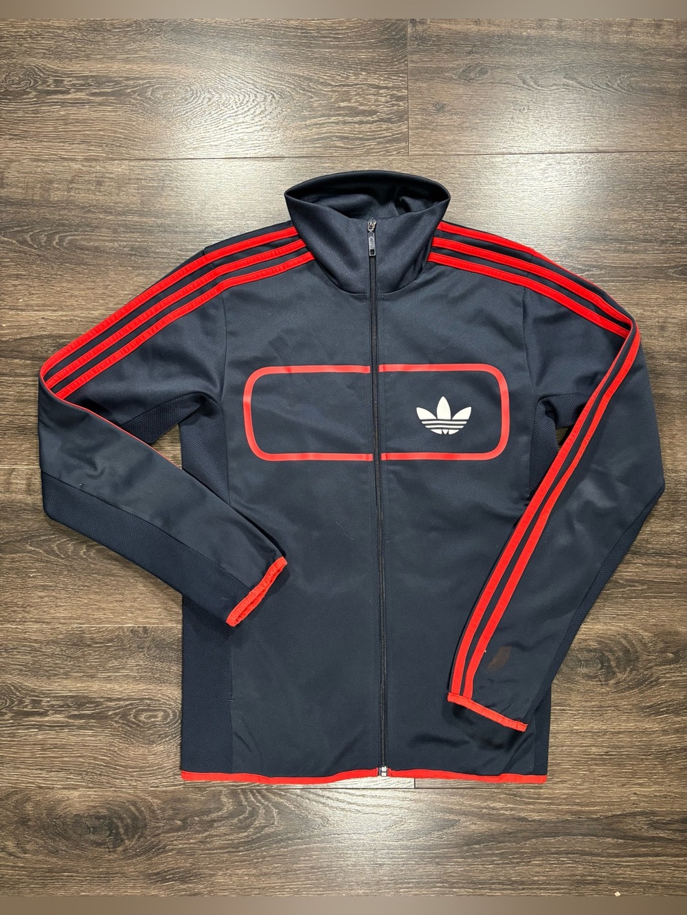 Adidas Men's Navy Zip Up Track Jacket with Red Trim Size Small